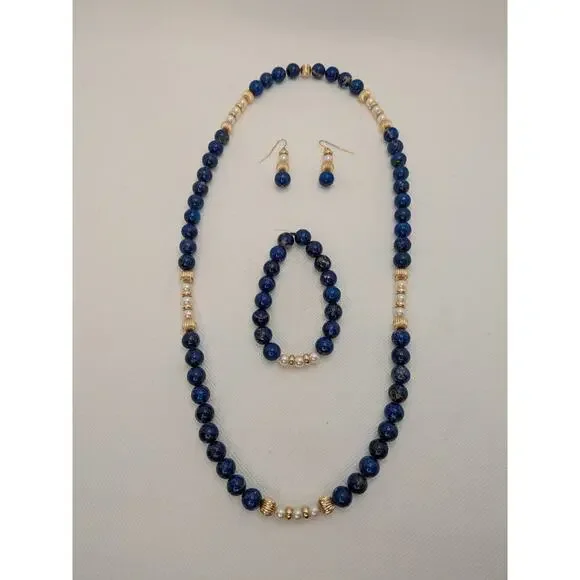 Blue Lapis Vintage Necklace Bracelet and Earring Suite with Gold Beads & Pearls - Picture 1 of 7